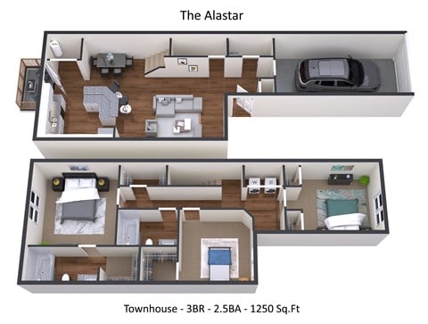 Floor plan for 3 beds, 2.5 baths, 1250 sqft
